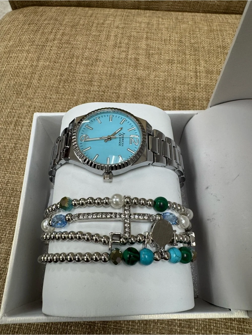 American Exchange Women’s Quartz Silver Tone Blue Dial Bracelet Box Set